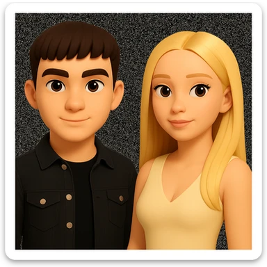 Slightly increase the volume of the upper body of the girl, significantly spread them apart from each other, make the skin color the same for both characters, while preserving the cartoonish 3D style as seen in the reference image. sticker