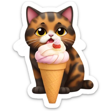 Cute fat tortoiseshell cat eating ice cream sticker