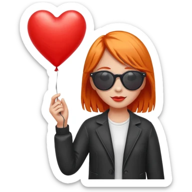 orange hair girl with sun glasses holding red heart balloon sticker