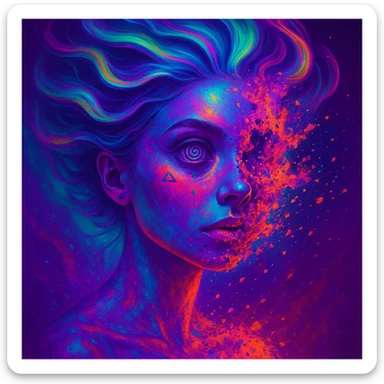 surreal neon portrait, skin in vibrant palette, face partially dissolving in colorful explosion, airbrush technique, hair as swirling liquid streams like northern lights, spiral eyes, geometric elements on face, paint particles flying, acid purple, turquoise, electric pink, sense of transformation sticker