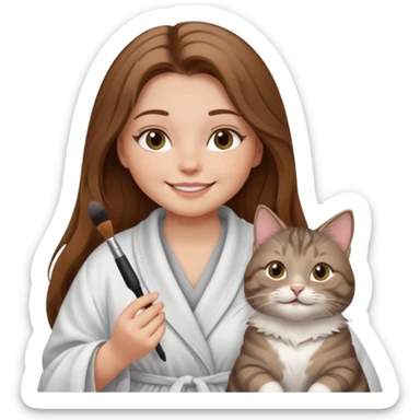 A image of a girl with light long brown hair doing her makeup with her chubby grey tabby cat. She is smiling sticker