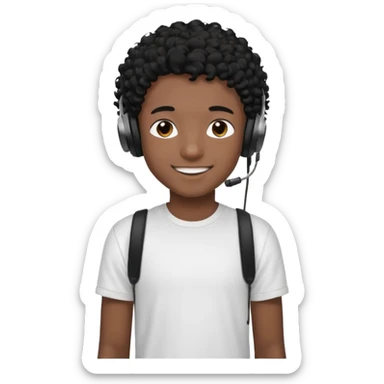 emoji of a teenage boy, curly black hair, wearing a t-shirt and headphones, cheerful look sticker