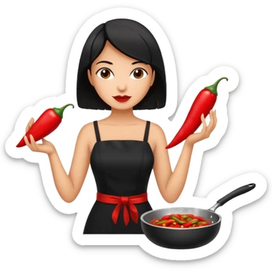 black short shoulder length hair tanned woman, black dress cooking, holding chili pepper sticker