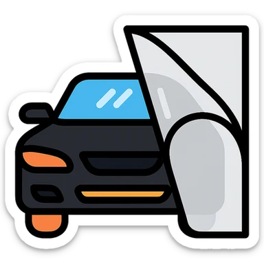 high-end black car icon partially covered by a rolled transparent or light gray film with curved adhesion effect, glossy black main color, modern and clean style, no text sticker