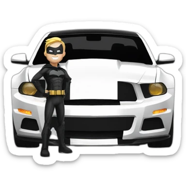 Batman standing beside his 2010 model mustang in white with black roof and black stripes AI images sticker