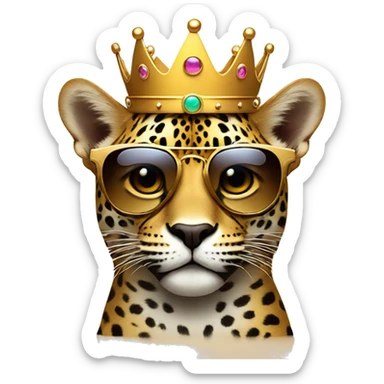 jaguar cat dj, cute emoji face, looking forward, wearing cool sunglasses, wearing over-ear headphones, wearing a fun crown on top of his head sticker