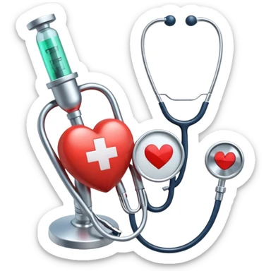 An icon featuring a stethoscope, a medical syringe, and a heart, symbolizing medicine. The design includes a caduceus, a first aid kit, and a microscope, representing the study of health, diagnosis, and treatments. Transparent background highlights the science of medical care and healing. sticker