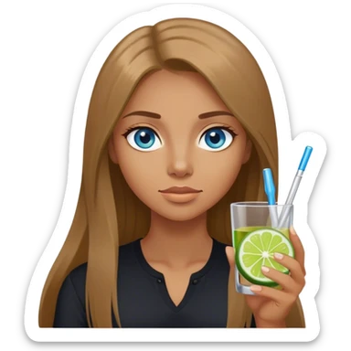 tan woman, black shirt, long light brown straight hair, grey blue eyes, holding a shot with lime sticker