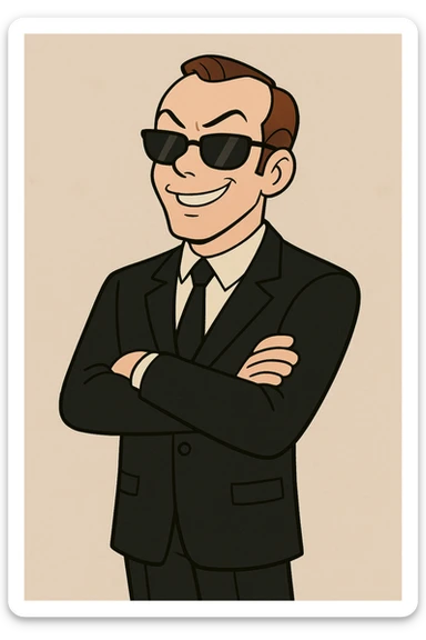 cartoon Agent Smith from The Matrix standing with arms crossed, black suit and tie, sunglasses, playful look sticker