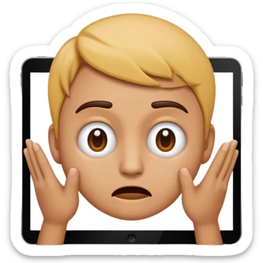 emoji holding and drawing on tablet, looking down at screen in frustration sticker