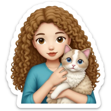 a curly asian girl with a seal point ragdoll cat in the hand sticker