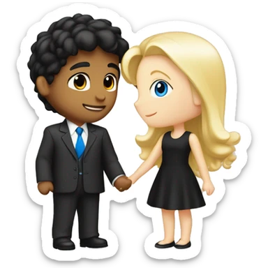 boy with black hair and blue eyes in suit kissing blond girl with hazel eyes with a cute black dress and both are white pale sticker