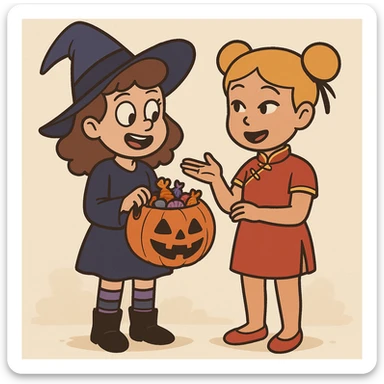 girl brown classic curls hair blue witch a witch costume purple stripes socks black boots girl yellow hair Chinese Girl Costume Red Oriental Dress red shoes some trick or treats  sticker