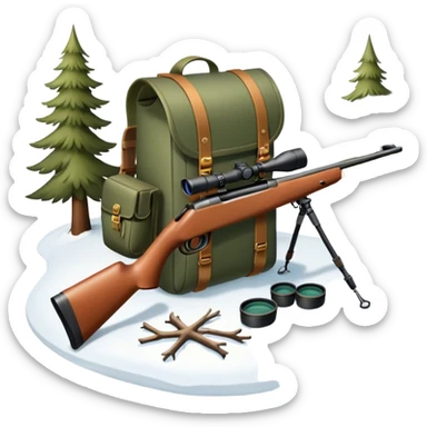 Icon for Hunting Tourism: a hunting rifle, binoculars, and animal tracks in the snow, with a forest background and a hunter’s backpack. The icon should represent the adventure and experience of hunting in nature. Transparent background. sticker