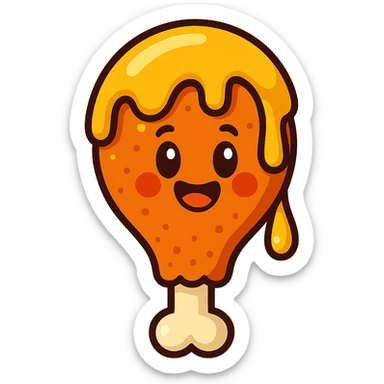 honey chicken, cartoon style, smiling chicken drumstick with honey drizzle, vibrant toon style sticker