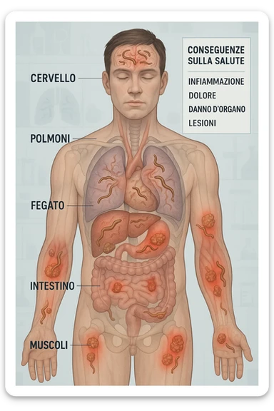a semi-transparent view of a man’s body reveals numerous parasitic organisms inside his organs and tissues. Some areas are highlighted with red or inflamed zones, and small tumor-like masses are visible where the parasites cluster. The background is clinical and educational, with labels pointing to affected organs and a sidebar showing the health consequences. scritto in italiano sticker
