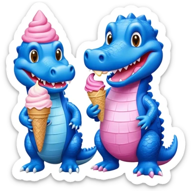 One pink alligator and one blue alligator each eating ice cream cone sticker