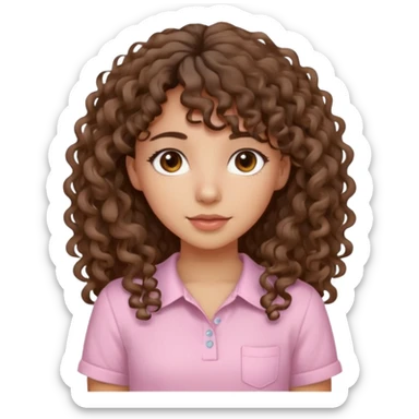A Latina girl with brown eyes and long loose curly hair with curly bangs with a light pink shirt sticker