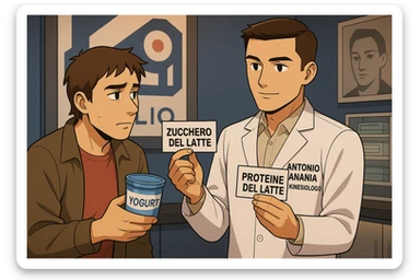 fai un webtoon manga a colori con questo stile, in cui un uomo ASCOLTA Il kinesiologo con il camice bianco (fagli anche la scritta "ANTONIO ANANIA" SUL CAMICE, IL KINESIOLOGO SPIEGA ALL'UOMO UNA COSA TENENDO DUE FOGLIETTINI IN MANO, UNO CON LA SCRITTA "ZUCCHERO DEL LATTE" E UNA CON LA SCRITTA "PROTEINE DEL LATTE". L'UOMO OSSERVA LO YOGURT CHE HA IN MANO CON ESPRESSIONE DUBBIOSA IN VOLTO. non fare i fumetti però, fai solo in modo che sembri stiano parlando sticker