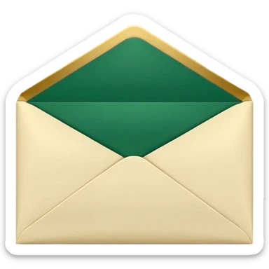 3D minimal open envelope with paper sliding out, matte finish, deep green (#0B3D2C) envelope, cream (#F5F5DC) paper, subtle gold (#C9B037) edge, Apple style, ultra clean, soft shadow, transparent background sticker