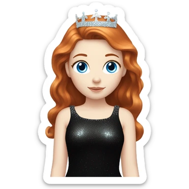 Beautiful girl with redhair, pale skin and bright blue eyes. She wears a sparkly black dress and a silver crown  sticker