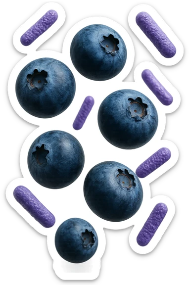 mirtilli fluttuano in aria insieme a 6 batteri intestinali viola, iperrealistico 4k sticker