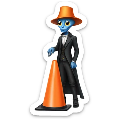 alien galora in Victorian dress elegant, full body, holding "big traffic cone" sticker