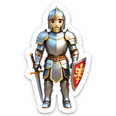 Clash of Clans aesthetic: Cinematic heroic Armored Knight Hero Emoji, rendered in a 3D vector-style similar to standard emojis with minimal shading and bold, simplified shapes. A compact, isometric warrior clad in gleaming plate armor with intricate heraldic details, softly glowing with a chivalrous medieval charm. Simplified yet unmistakably iconic, highly detailed and consistent, glowing with a soft radiant shine and high polish. Stylized with a touch of noble valor and a soft glowing outline, wearing a full face helm so that no face is visible with only eyes visible, capturing the essence of a gallant knight ready for honorable battle with a friendly, playful manner! sticker