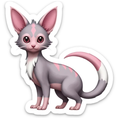 Minccino-Lykoi-Emolga-Sphynx-Linoone-Zangoose-fusion-hybrid-animal-Fakémon-creature, full body, thin long sleek scaly tail, intricate markings sticker