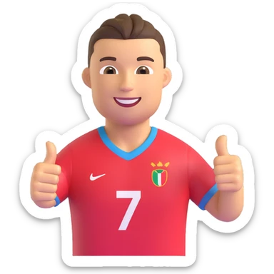 Ronaldo as a 3D emoji, smiling and giving a thumbs up, football jersey sticker