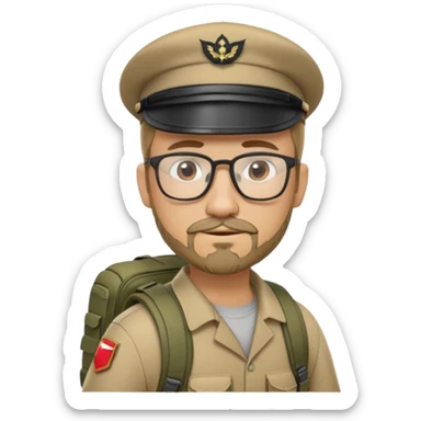 adventurer with goatee beard (no beard on cheeks), short hair, glasses, backwards military tan cap and backpack sticker