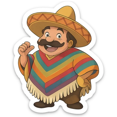 ghibli style funny Mexican character with a colorful poncho and hat sticker