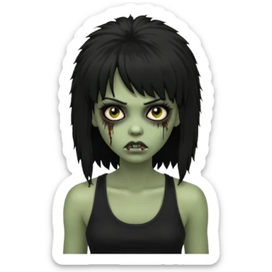 a female zombie with sage green skin, black long afro afro hair with bangs, and a black tank top  sticker