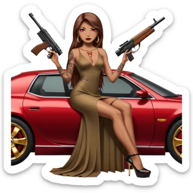 Lilith tan skinfemale red eyes symbol. Tattoo arms. Her hair is brown straight long hair.wearing sexy long elegant dress with slit. black stiletto thick platform high heels shoes on. Sitting on gold giant luxury car with cash inside . She is holding a sniper rifle in one hand cash in other hand sticker