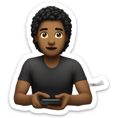 A white person with black hair sits on the edge of a bed, focused on their phone in a dimly lit room sticker