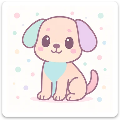 {
  "style_description": {
    "overall_look": "Cute, minimal, and soft with a friendly and playful tone",
    "material_simulation": {
      "primary_material": "flat digital color",
      "texture_detail": "smooth surfaces with no texture or shading",
      "pattern": "none or very simple decorative accents (e.g., hearts, stars)"
    },
    "geometry": {
      "edge_style": "rounded, soft curves with no sharp angles",
      "dimensionality": "flat two-dimensional appearance with simple shapes"
    },
    "color_palette": {
      "scheme": "pastel and light tones",
      "preferred_colors": ["pink", "mint", "lavender", "baby blue", "peach"],
      "contrast": "low contrast with bright accents"
    },
    "facial_features": {
      "eyes": "large, sparkly, often oval or circular",
      "mouth": "small, often a simple curve or dot",
      "expression": "joyful, innocent, or calm"
    },
    "lighting": {
      "type": "none or implied with soft highlights",
      "purpose": "maintain a clean and cheerful look"
    },
    "render_constraints": {
      "avoid": ["realistic shading", "high detail", "dark themes", "texture noise"],
      "focus_on": ["cute expression", "iconic simplicity", "emotional warmth"]
    },
    "background": {
      "color": "white or soft pastel",
      "style": "plain or patterned with simple icons (e.g., polka dots, stars)",
      "lighting_consistency": "no shadows, evenly lit feel"
    }
  }
}

{subject} = dog sticker
