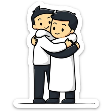 man hugging another person while making a quiet sign sticker