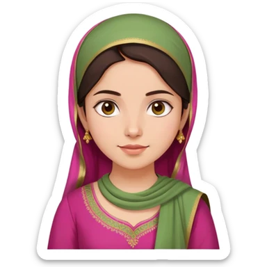 girl with light wheatish skin, dark brown hair, wearing dark pink kurti with sage green dupatta on head sticker
