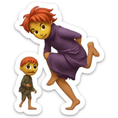 A little imp sneaks on tiptoe with a disgruntled face and carries a woman's leg sticker