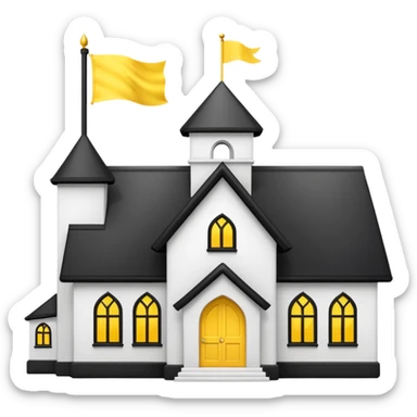 simple magic school, white background, magic school, black roof, with a big flag, big flag on a roof, big yellow flag, white school sticker
