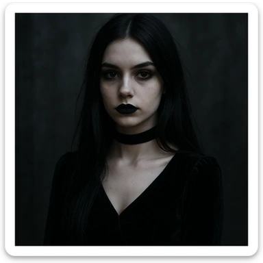 gothic girl, gothic style, long dark hair, velvet choker, moody atmosphere sticker
