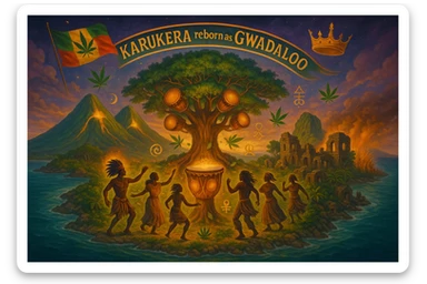 Create a powerful, surreal vision of the Caribbean island Guadeloupe, reimagined as ‘Guadeloupe' — its sacred, sovereign identity restored. The island is lush, tropical, and volcanic, with two green volcanoes glowing golden at the peaks. In the center stands a giant mystical Drum Tree, its branches bearing carved drums instead of fruit, glowing with rhythmic light. Ancestral spirits of African and indigenous lineage dance in a circle around the tree, surrounded by floating ganja leaves and sacred symbols. Sugarcane fields burn gently in the background, symbolizing the end of colonial suffering. Ruins of colonial buildings crumble into the earth, reclaimed by vines and jungle. Above the island, a glowing banner in the sky reads: ‘Karukera reborn as Gwadaloo.’ A ganja-leaf flag waves high in red, green, and gold, and a golden Creole crown floats in the sky above the island — not worn by any man, but held in rhythm. The ocean is turquoise, the light is divine, and the entire scene radiates spiritual victory, cultural remembrance, and cosmic rhythm. Use a warm, cinematic palette of golds, greens, blues, and purples. Style should feel epic, sacred, and symbolic — a rebirth of Caribbean power. sticker