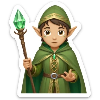 {
      "type": "human",
      "look": "forest elf mage, green cloak, wooden staff, glowing crystal tip",
      "description": "a forest elf mage in green cloak holding a wooden staff with a glowing crystal tip"
    } sticker