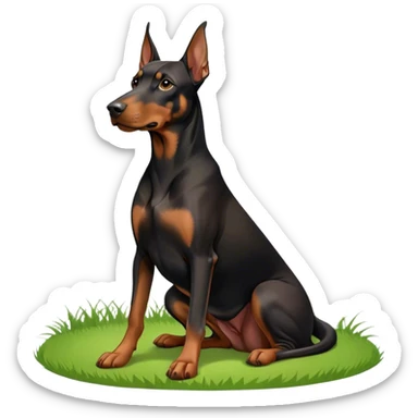 Close-up of a Doberman Pinscher sitting on lush green grass, looking alert and majestic. The background features a beautiful, serene nature view with rolling hills and bright blue skies. The dog’s sleek black and tan coat shines under the sun. Transparent background. sticker