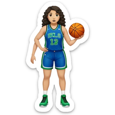 full body plus size light skin latino women basketball player with wavy dark hair large wide nose wearing blue with green uniform sticker