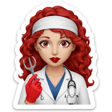 Scary woman scalpel in hand, evil surgeon sexy surgeon clothes.  She has red eyes. Her  brown long curly hair. Wears sexy doctor outfit with red gloves. Hides mouth necknose with red bandana to hide her identity sticker
