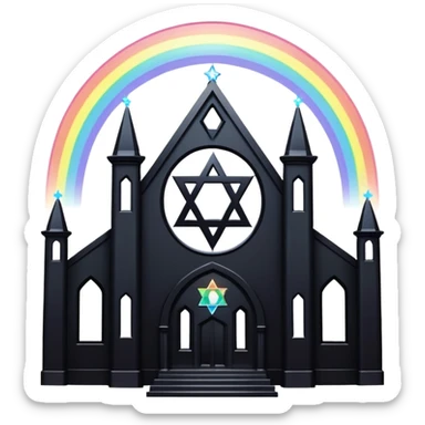 jewish synagogue temple in dark goth aesthetic style with black building and light rainbow tint glass windows and star of david and celestial symbolism sticker