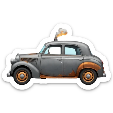 Side view of a broken-down old car with steam from the open bonnet, shattered windows, rusted doors, a flat tire, dents, peeling paint, and a grimy, neglected look. sticker