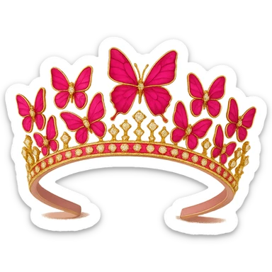 Increase the vibrancy and saturation of the pink enamel butterflies on the crown, making them more vibrant and saturated in their pink enamel shades. Keep the sparkling gems and pink base intact. No background. sticker