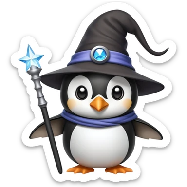 Penguin wearing a wizard hat and holding a magic wand sticker